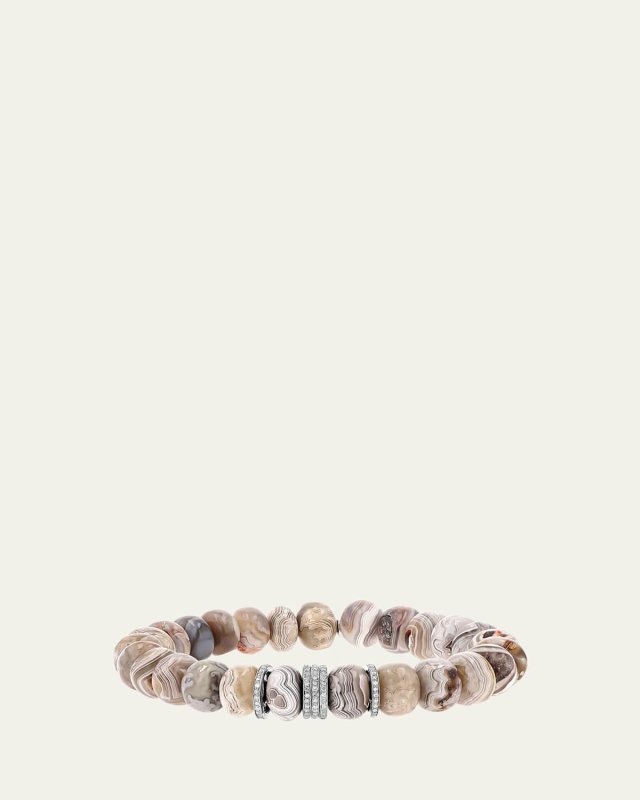 Cream Agate 10mm Bead Bracelet with 5 Pave Diamond Rondelles